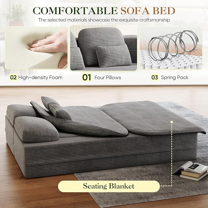 Antetek Convertible Sleeper Sofa Modern Folding Futon Corduroy Floor Foam Compression Loveseat Sofa Bed Couch Foldable Full Size Guest Bed with 4 Pillows for Living Room Bedroom Apartment Grey