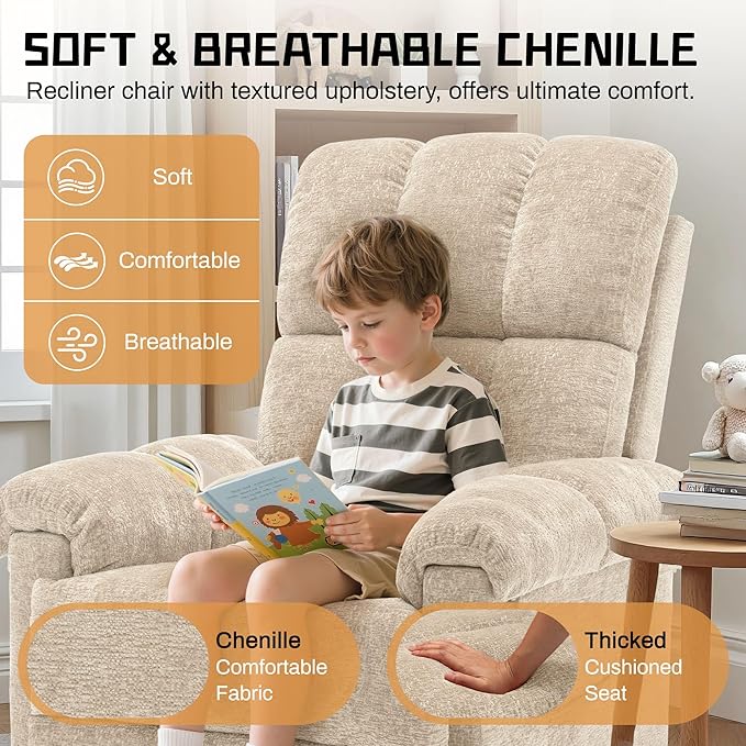 Recliner Chair Swivel Rocker Recliner Chair for Adults Small Recliners for Small Spaces Manual Recliner with Side Pockets Upholstered Nursery Rocking Chair for Living Room Chenille Khaki