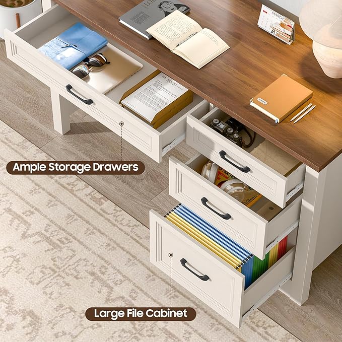 Vabches Farmhouse Executive Desk with Storage and Ample File Drawer Rustic Large Home Writing Desk for Bedroom White
