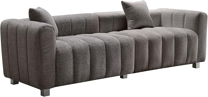 SZLIZCCC 87 Modern Upholstered Sofa Piano-Key Tufted Teddy Velvet Couch 3-Seater Comfortable Living Room &amp Office Sofa (Grey)