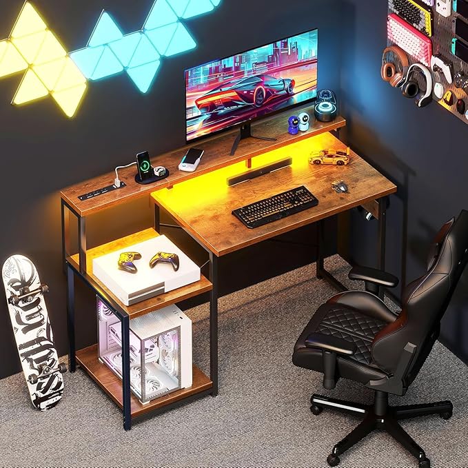 AODK Computer Desk 48 Inch Gaming Desk with Led Lights &amp Power Outlet Office Desk with Storage Shelves Reversible Desk with Monitor Shelf &amp Headphone Hook Rustic Brown
