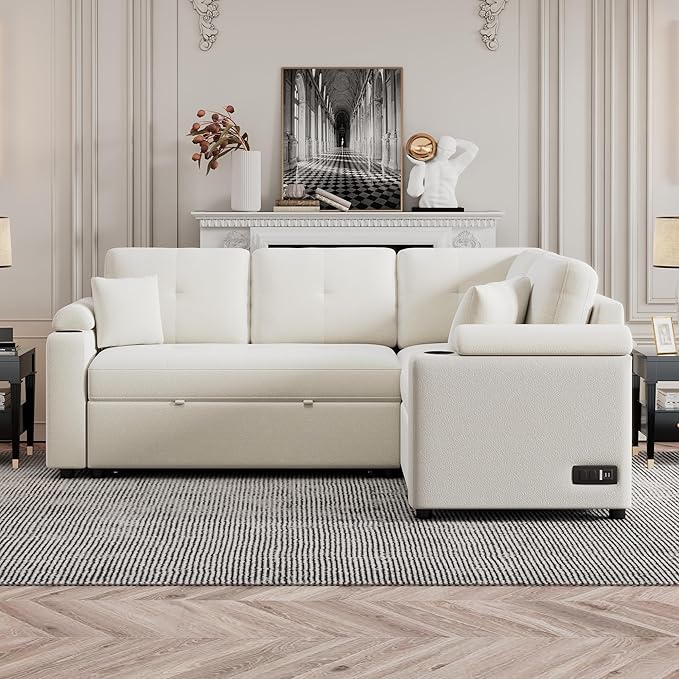 83 L-Shape Sofa Bed Pull-Out Sleeper Sofa with Wheels and Built-in Cup Holders Modern Button Tufted 3 Seater Sectional Corner Couch with Power Sockets for Living Room (Beige-s32)