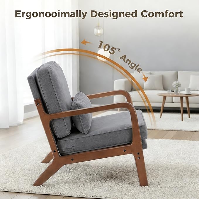 Simple Deluxe Mid-Century Modern Wood Accent Chair &amp Cozy Reading Chair Upholstered Living Room Chair with Waist Cushion Solid Wood Chair with Pillow for Bedroom Grey