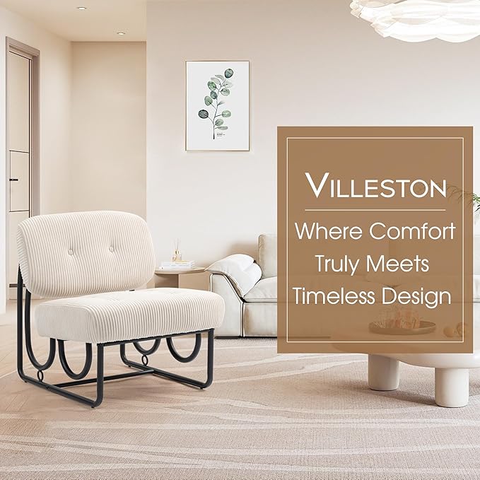 Armless Accent Chair Beige Upholstered Chair for Bedroom Comfy Modern Chair for Living Room Small Space Mid Century Accent Chair No Arm Lounge Chair
