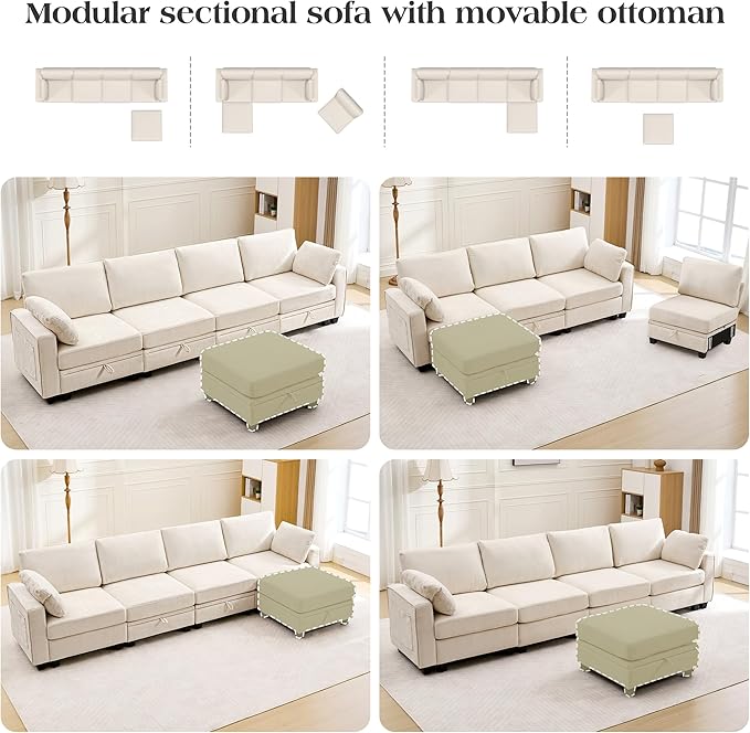 TUNYI 130 Sectional Couch with Storage Oversized Chenille Modular Sectional Sofa for Living Room Convertible Deep Seat Sofa Couches with Ottoman Armrest Pillow (Beige)
