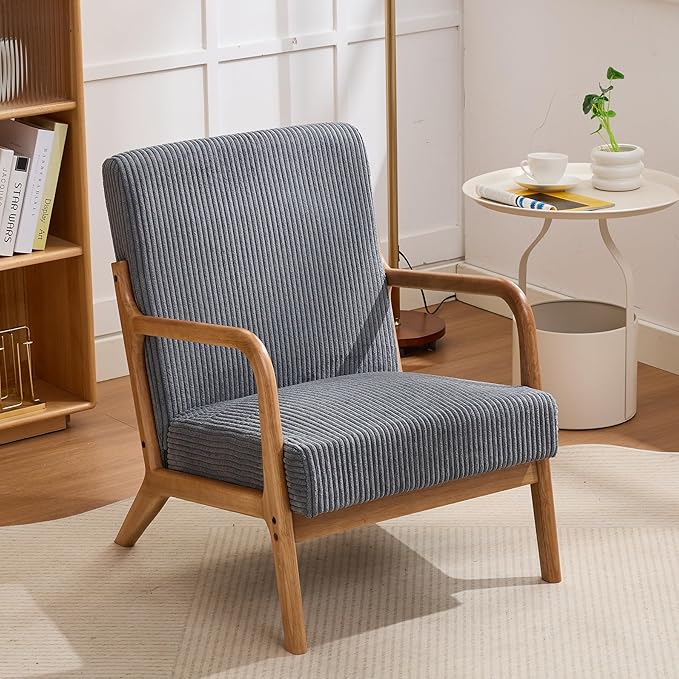 Mid-Century Modern Accent Chair Arm Chair Living Room Chairs with Pillow Upholstered Reading Chair with Solid Wood Frame &amp Corduroy Fabrics for Living Room Bedroom Balcony (Corduroy Dark Grey)
