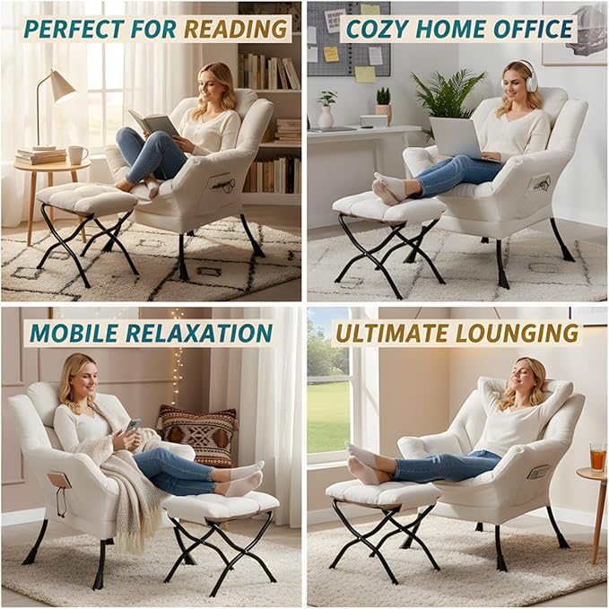 Tiita Lazy Chair with Ottoman Beige Modern Large Accent Chair Comfy Leisure Sofa Armchair with Ottoman Reading Chair with Footrest for Bedroom Living Room Dorm Rooms Beige