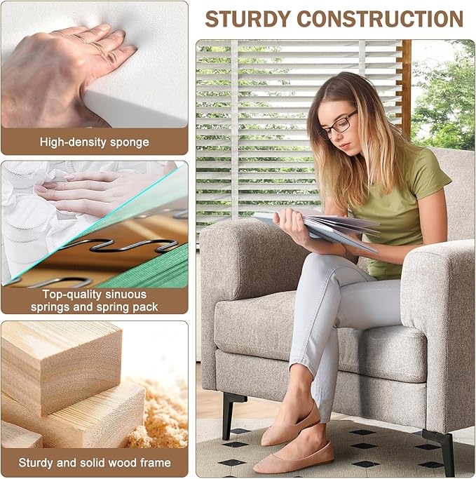 Oversized Accent Chair Upholstered Living Room Chairs Single Sofa Chair w/Metal Legs Comfy Linen Fabric Reading Lounge Armchair for Apartment Bedroom Office Light Brown 2PCS