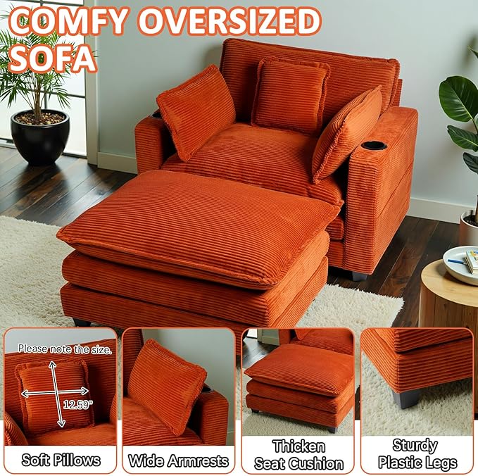 Oversized Chair with OttomanOversize Chaise LoungeReading Boneless Sofa BedChaise Lounge Chair Indoor with Side PocketSleeper Couch with USB&ampCup HolderCorduroy Sofa Couch for Living Room (Ora