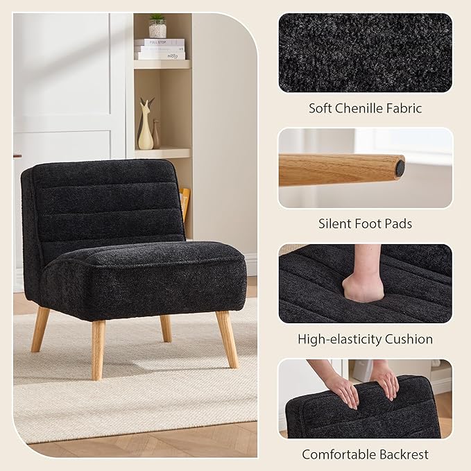Chifee &amp Vingol Armless Accent Chair Set of 2 Modern Living Room Chairs Upholstered Bedroom Accent Chairs Comfy Makeup Vanity Chair Armless Chair with Wooden Legs for Bedroom Office CafeBlack
