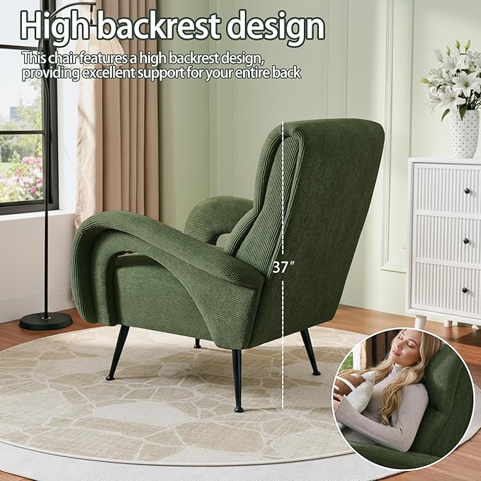 Modern Accent Chair Reading Chair with Corduroy Fabric Upholstered and Hight Backrest Single Sofa Chairs for Living Room Apartment Bedroom and Small Spaces. (Green)