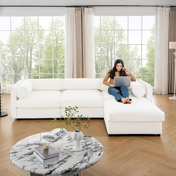 109 inch Cloud Modular 3 Seater Sofa with Storage Ottoman Modern Upholstered Storage Sofa Couch Deep Seat L Shape Sectional Sofa Chenille Comfy Couch for Living Room Apartment White