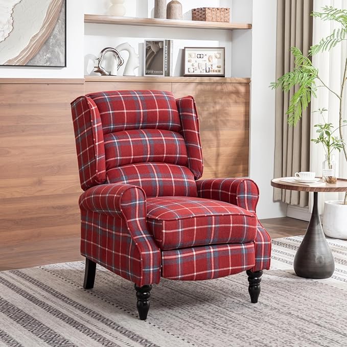 Upholstered Wingback Recliner Chair Plaid Recliner Chair Armchair Adjustable Footrest Push Back Reclining Sofa Mid-Century Modern Lounge Armchair for Living Room Bedroom Reading - Red