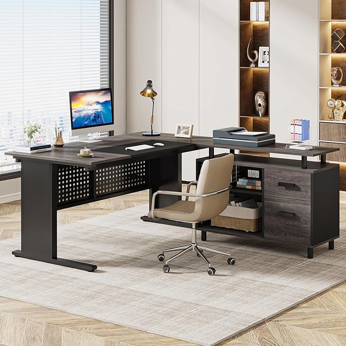 Tribesigns 63 Inch Executive Desk with File Cabinet L Shaped Office Desk with Drawers and Storage Shelves Business Furniture Set Workstation for Home Office Gray and Black