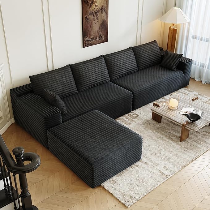 139.4 Modular Sectional Sofa L-Shaped Minimalist Couches with Ottoman Chaise Modern Deep Seat Convertible Sleeper SofaCloud Plush Corduroy Fabric No Assembly Required 5 Seater Black