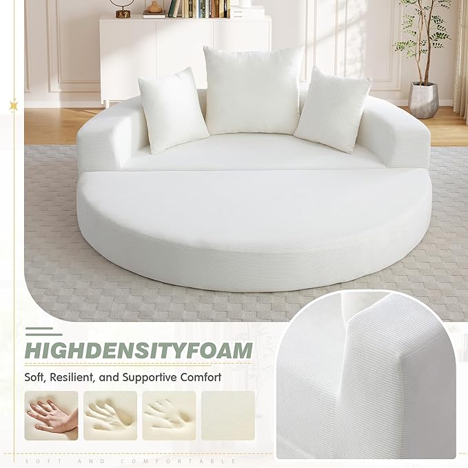 TTK 67” Oversized Round Sofa Bed 2 in 1 Convertible Circle Bed Folding Futon Lazy Floor Round Chaise Lounge Chair Comfy Corduroy Boneless Loveseat Couch for Living Room Apartment No Assembly (Beige)