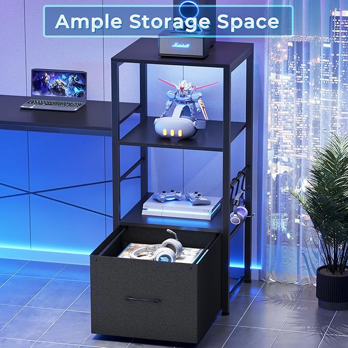SEDETA L Shaped Gaming Desk 51 Computer Desk with Storage Shelves Gamer Desk with Power Outlets &amp LED Lights Fabric Drawer Monitor Stand and Hooks Black