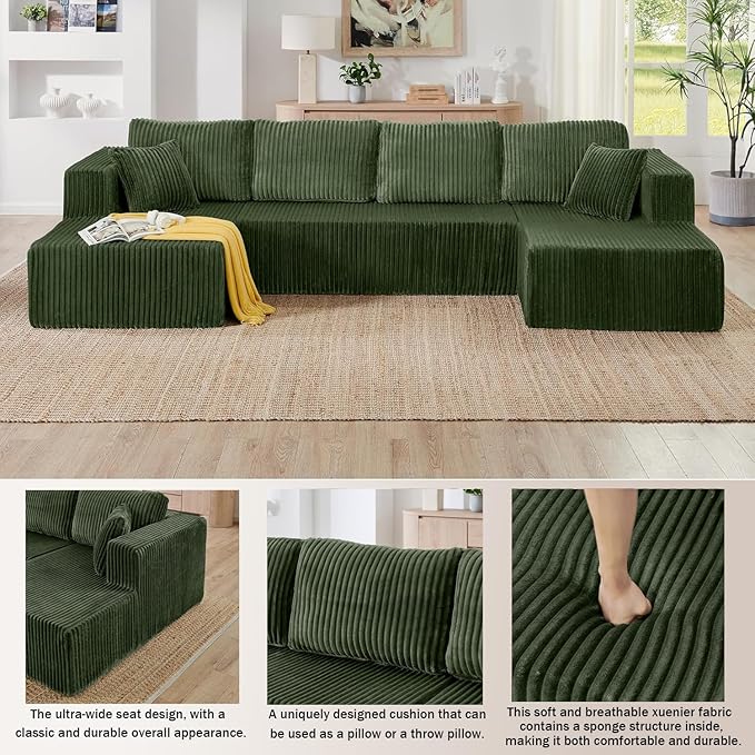 Comfortable Compression U-Shaped Modular Combination Sofa Compression Combination Modern Minimalist Corduroy Sofa Suitable for Living Room and Bedroom (Green)