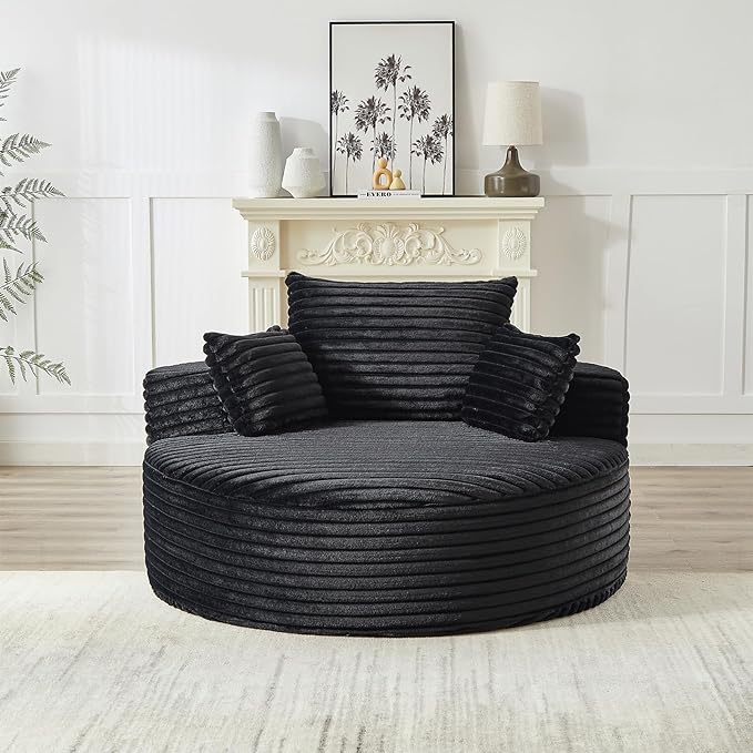 55 inch Chaise Lounge Chair Indoor Oversized Round Accent Chair Modern Corduroy Sponge Single Sofa Fluffy Sleeper Chair Deep Seat Comfortable Chair for Living Room Bedroom Apartment Black