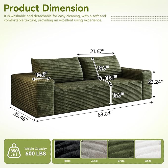 63 Boneless CouchNo Assembly RequiredLoveseat Velvet Couch Soft and Comfortable for Living Rooms Bedroom and Dormitories (Green)