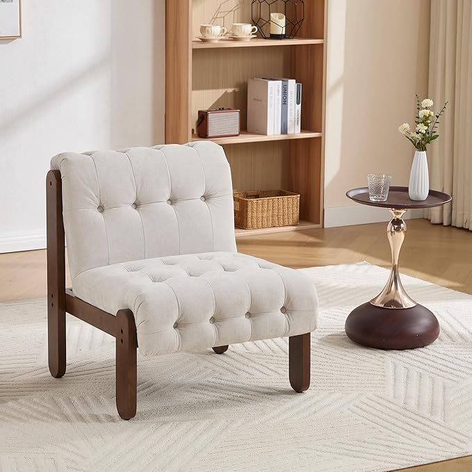 Modern Armless Accent Chair Set of 2 for Living Room Beige Linen Button Tufted Upholstered Lounge Reading Chair with Walnut Wood Frame
