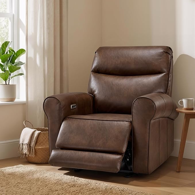 MCombo Power Wall Hugger Recliner Chair for Small Space RV Living Room USB &amp USB-C Charging Ports Modern Rolled Arm Recliner Faux Leather PR630 (Dark Brown Medium)