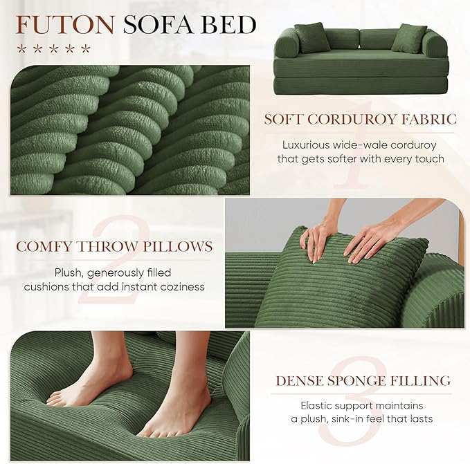 Antetek Modular Couch Bed Convertible Folding Plush Corduroy Comfy Floor Compression Loveseat Sleeper Sofa Couch King Size Bed for Guest Room Living Room Bedroom No Assembly Required Leaf Green