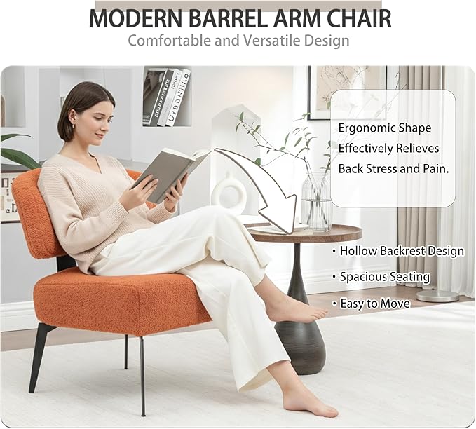 Modern Sherpa Accent Chair Round Boucle Upholstered Barrel Arm Chair for Small Spaces Fluffy Side Corner Sofa Chair for Living Room Bedroom Vanity Office Reading Room(Orange)
