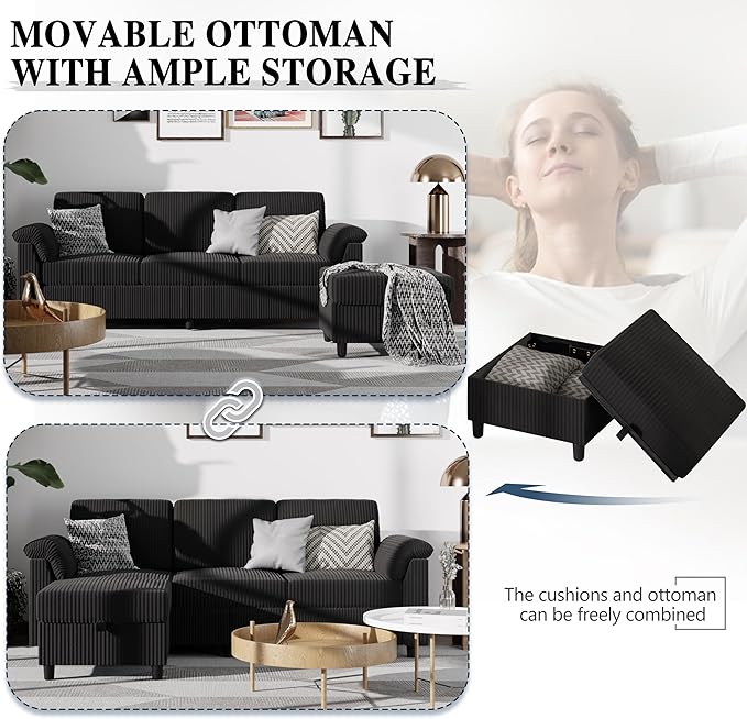 Meilocar Sectional Sofa Couch for Living Room 79 Sectional Couches with Ottoman L Shaped Couch with Armrests Side Storage Pockage 3-Seat Sofa Couches for Apartment Black