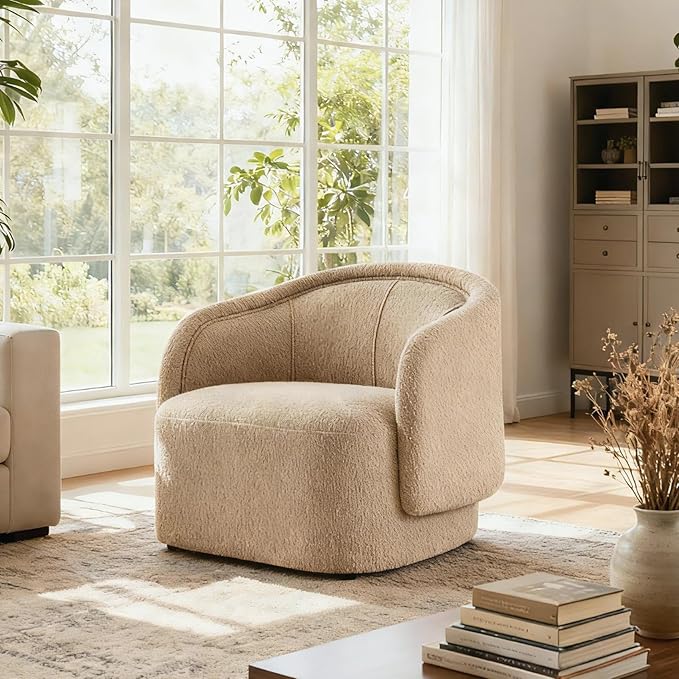 Scott Living Amanda Carly Low Profile Accent Chair Round Backrest Side Chair Living Room Armchair with Boucle Fabric Cushion Comfy Reading Chair for Bedroom Wooden Single Lounge Sofa Dark Beige