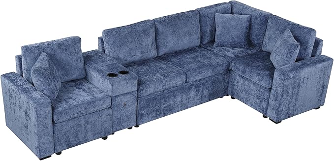 120.5 L-Shaped Convertible Sofa Bed with Pull-Out Bed Chenille Modular Sectional Sofa Reversible Sleeper with Cup Holders and Ample Storage Space for Living Room (Blue-120.5D)