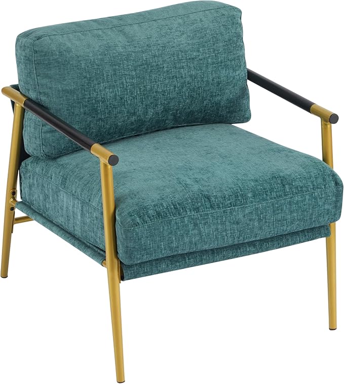 Modern Minimalist Accent Chair Soft Polyester Fabric with Metal Frame and Wood Armrests Living Room Bedroom Office Seating (Teal Blue)