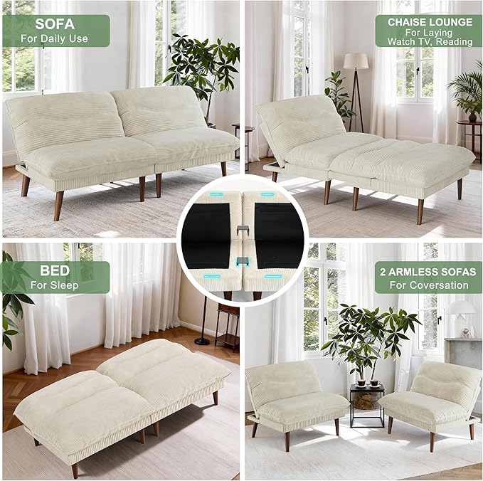 LLappuil Futon Sofa Bed 75 Futon Couch with Adjustable Backrest Corduroy Convertible Recliner Sleeper Sofa 4 in 1 Recliner Chair for Small Space Living Room Apartment Guest Room or Office Beige