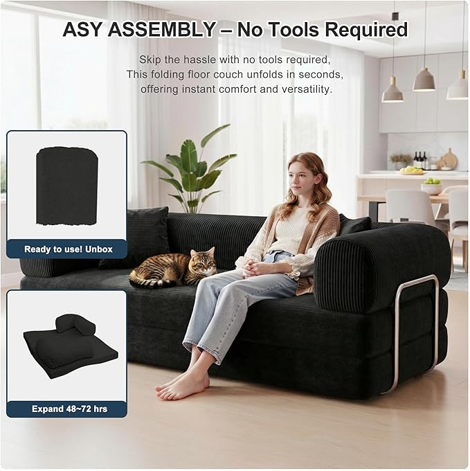 78 Inch Folding Convertible Sofa Bed 4-in-1 Oversized Cloud Corduroy Upholstered Boneless Couch Loveseat Sleeper with Pull Out Bed Modular Futon Floor Sofa Couch for Living Room Bedroom Lounge