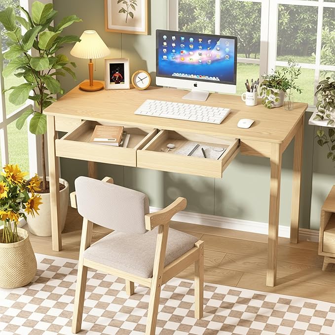100% Solid Wood Desk with 2 Drawers 47 Inch Mid Century Modern Desk Vintage Writing Ash Wooden Desks Computer Table for Home Office Bedroom Living Room