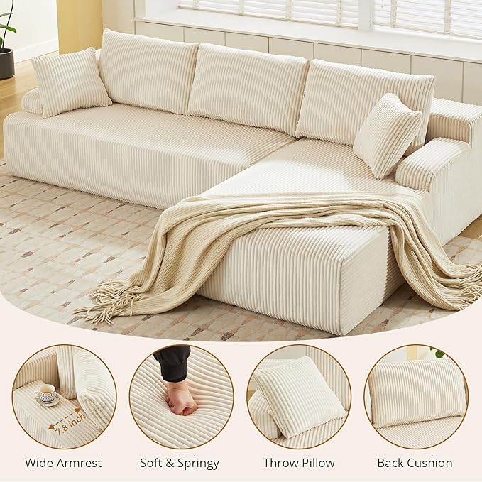 96” Modular Sectional Sofa Couches l-Shape Couch 3 Seat Modular Sofa Memory Foam Sectional Couches for Living Room Cloud Couch with Oversized Chaise (Beige Left Facing Chaise)