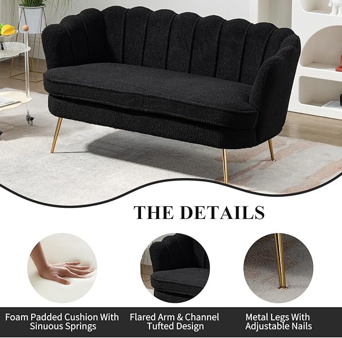 59 Wide Loveseat Sofa Boucle Upholstered Small Couch with Petal-Shaped Design Modern Leisure Sofa with Gold Metal Legs Mini Room Couch for Bedroom Apartment (Black-Boucle)