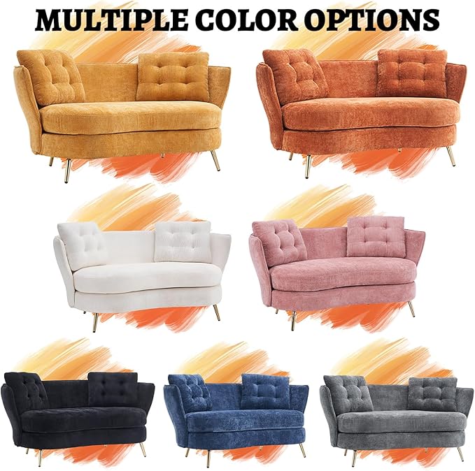 64 Inch Curved Loveseat Small Loveseat Sofa for Small Space Modern Couch &amp Office Sofa for Bedroom Livingroom 2 Pillows Gold Legs (Grey)