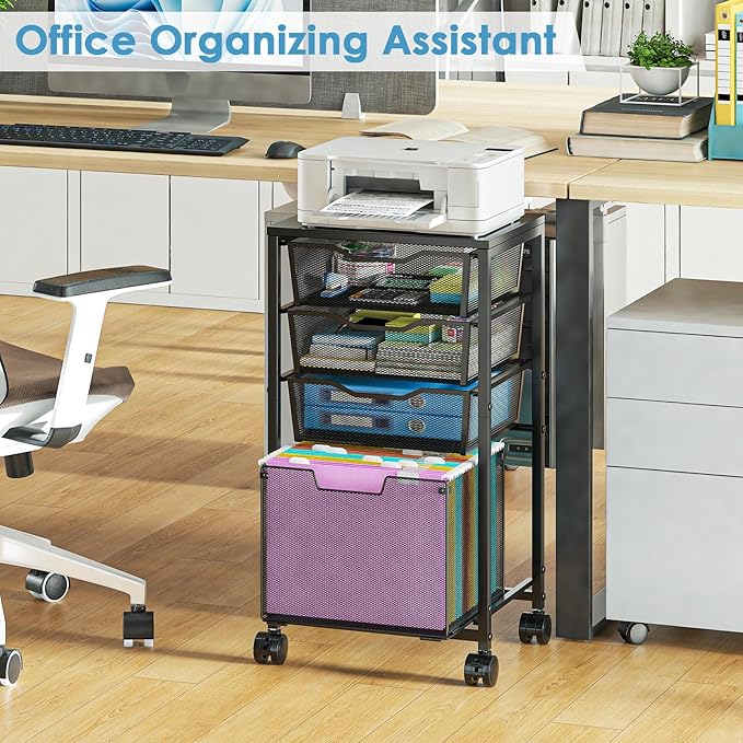 4 Drawers Rolling File Cart Under Desk Mobile Filing Cabinet with Wheels File Cabinets for Home Office Hanging File Folder Organizer Utility Craft Cart Printer Stand Black