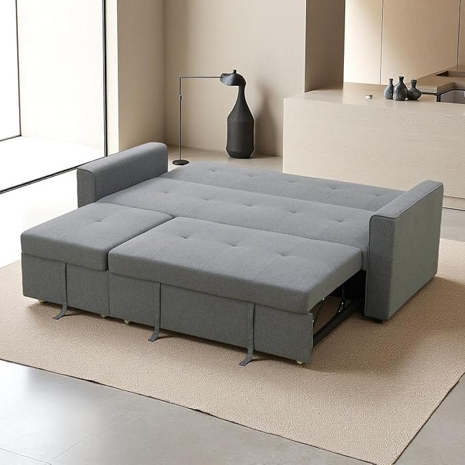 Convertible Sofa Bed Couch 4 Seat Iron Frame Sectional Couches for Living Room with Storage for Apartment Sleeper Sofa Couch with Pullout Bed Light Grey