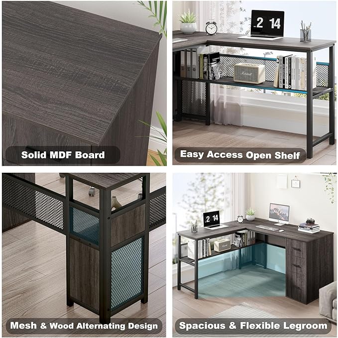 LVB L Shaped Desk Wood Metal Computer Desk with Drawer Industrial Corner Home Office Desk with Storage Cabinet for Bedroom Dark Gray Oak 59 Inch