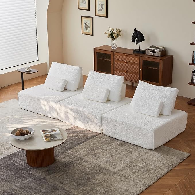 120 White Boneless Sectional Couches for Living Room 3 Seater Couch with Pillow Upholstered Comfy Cloud Couch Deep Seat Sofa No Assembly for Bedroom and Apartment