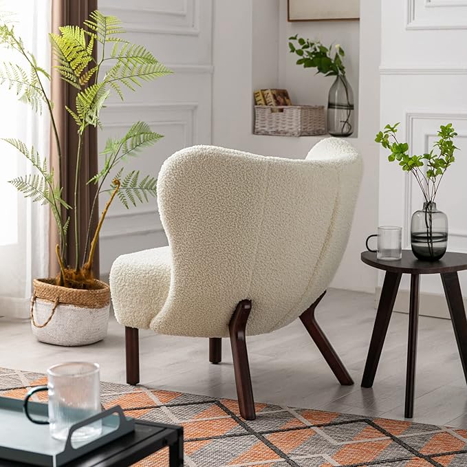 Modern Accent Chair Lambskin Wingback Tufted Side Chair with Solid Wood Legs for Living Room BedroomCream