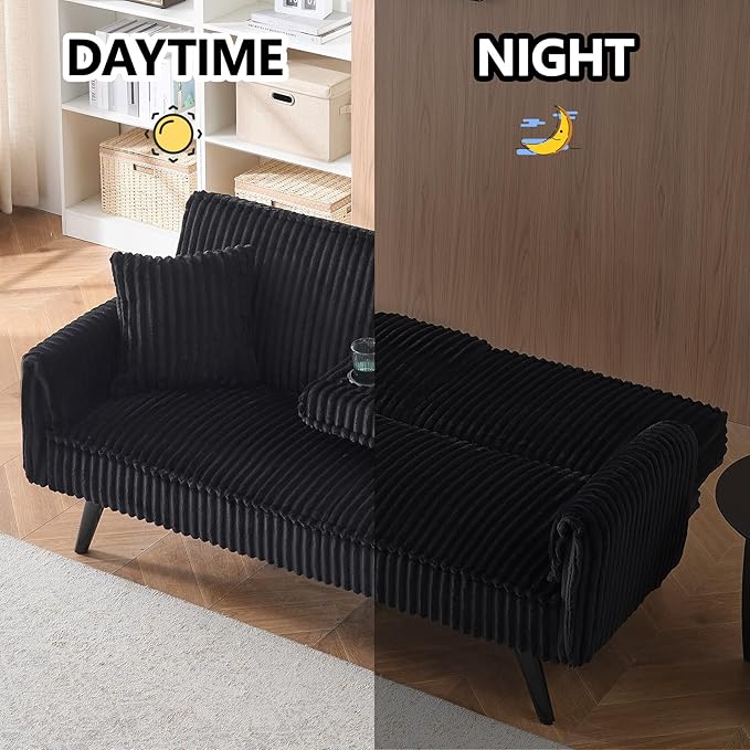 72” Corduroy Futon Sofa Bed with Pillows Modern Convertible Futon Couch with 2 Cup Holders&amp Metal Legs for Small Spaces Living Room Solid Wood Frame (Black)