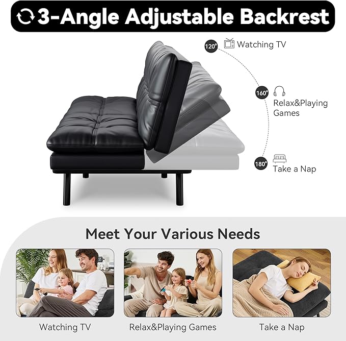 Vyfipt 71 Convertible Futon Sofa Bed3-in-1 Faux Leather Fabric Futon Couch with Memory Foam Modern Foldable Sleeper Loveseat for Small Spaces Living RoomOffice &amp ApartmentBlack