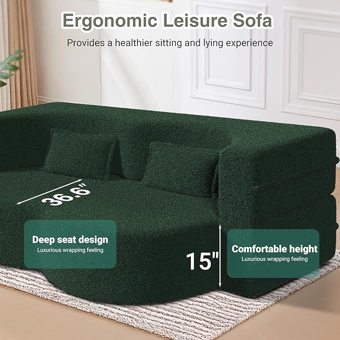 78 Convertible Folding Sofa Bed 2-in-1 Full Size Floor Boneless Couch Bed Loveseat sleeper Couch  Teddy Floor Sofa Memory Foam Sleeper SofaBed Small couches for small spaces No Assembly (Green)