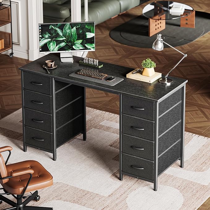 Huuger 47 Inch Computer Desk with 8 Fabric Drawers Office Desk Work Desk for Home Office Study Gaming Desk with Drawers Large Storage Black