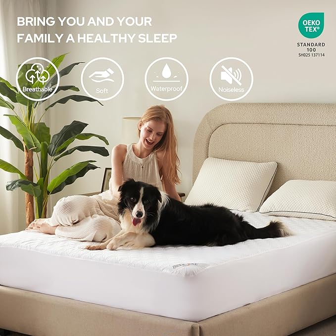 BEDLORE Waterproof Mattress Protector Queen Size Noiseless Mattress Pad with Deep Pocket Fitted Up to 6-18 inches Soft Noiseless Bed Mattress Cover Washable for Home Bedroom Hotel (White)