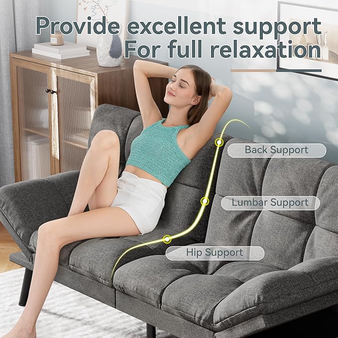 Vyfipt Convertible Futon Sofa Bed Grey Linen Futon Couch with Adjustable Backrest &amp Armrests Folding Small Recliner Sleeper Sofa Bed for Living Room Apartment Office