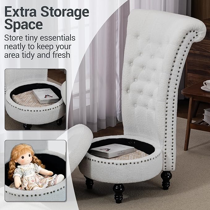 High Back Throne Royal Chair Set of 2 Velvet Armless Accent Chairs with Storage Nailhead Trim Solid Rubberwood Legs for Living Room Bedroom White